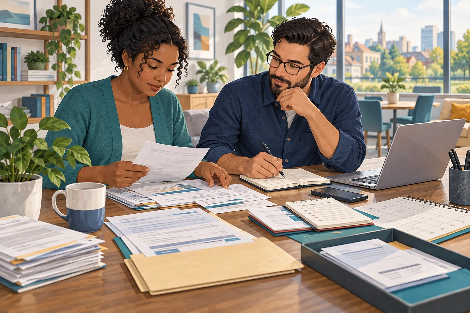Illustration of two adults organizing medical, insurance, and consultation records