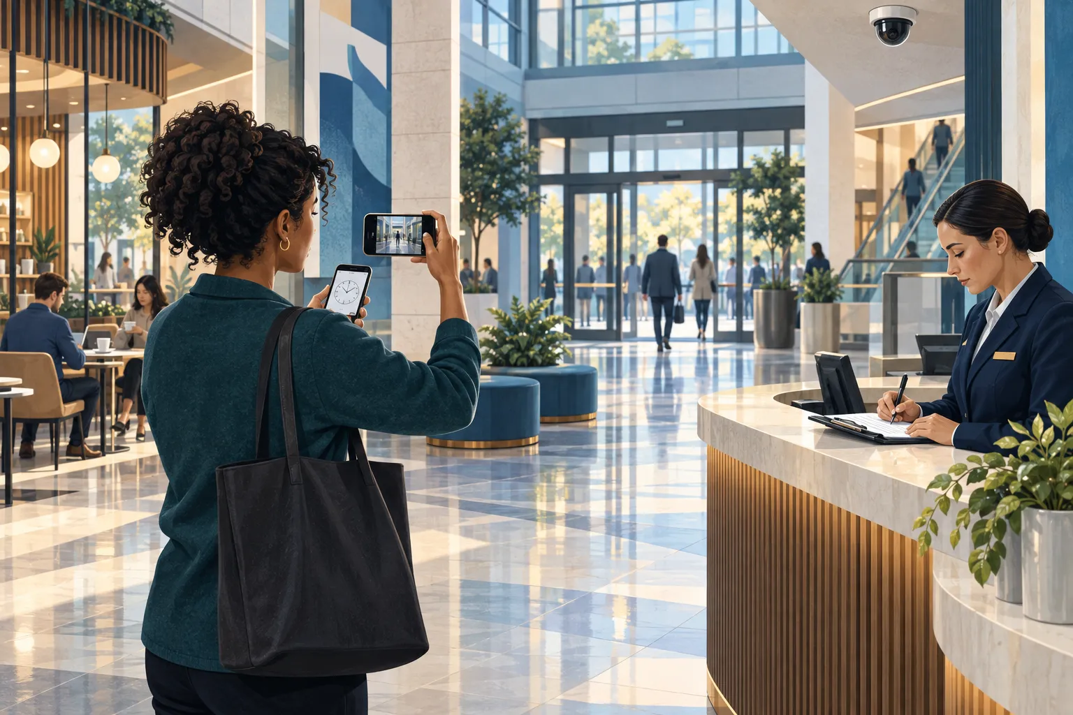 Illustration of a visitor documenting a fictional public concourse while staff preserve an incident form
