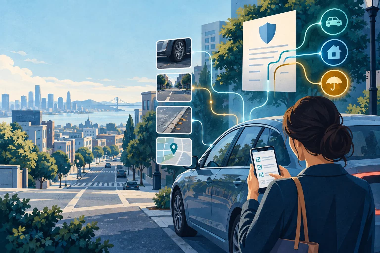 Illustration of roadway, policy, and evidence records being connected in a calm city setting